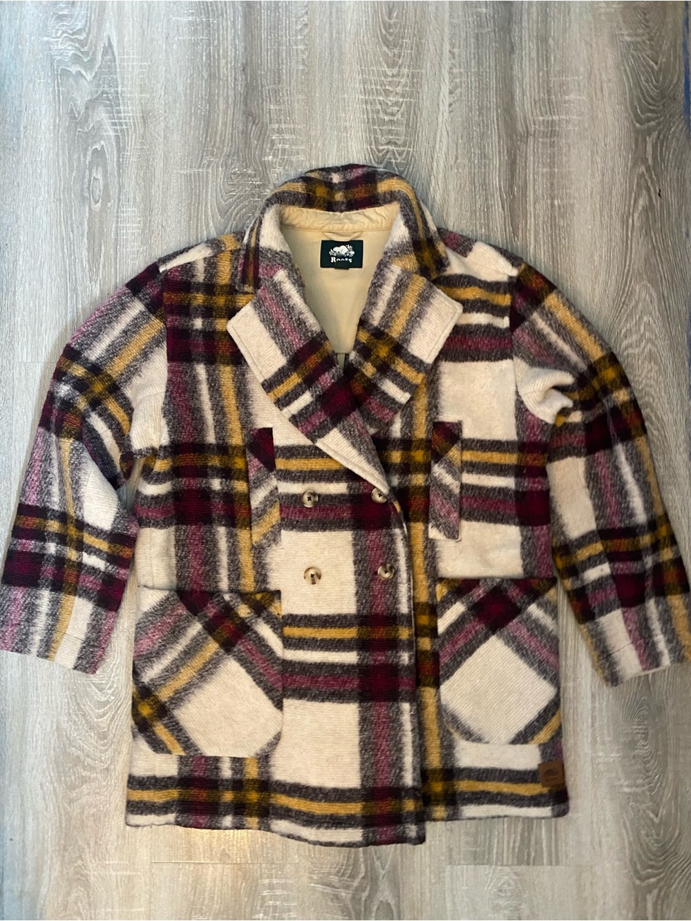 Roots Cream Plaid Double-Breasted Wool Coat